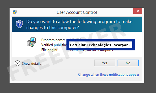 Screenshot where FarPoint Technologies Incorporated appears as the verified publisher in the UAC dialog